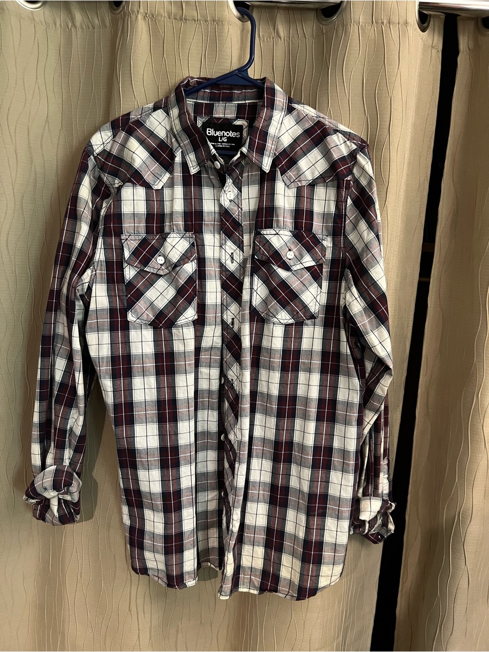 Bluenotes Men’s White and Burgundy Plaid Button-Down Shirt